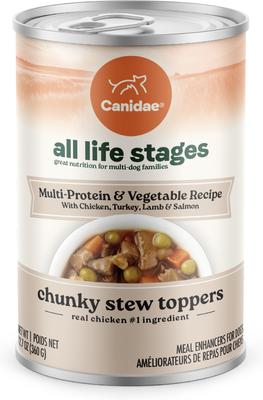 Show full view: CANIDAE All Life Stages Chunky Stew Toppers Multi-Protein & Vegetable Recipe Wet Dog Food, 12.7-oz can, case of 6 slide 1 of 11