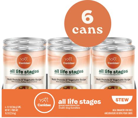Show full view: CANIDAE All Life Stages Chunky Stew Toppers Multi-Protein & Vegetable Recipe Wet Dog Food, 12.7-oz can, case of 6 slide 4 of 11