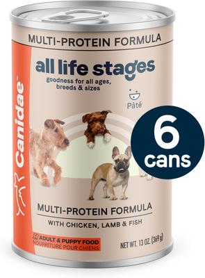 Show full view: CANIDAE All Life Stages Multipack Multi-Protein with Chicken, Lamb & Fish Pate Canned Wet Dog Food, 13-oz can, case of 6 slide 3 of 8