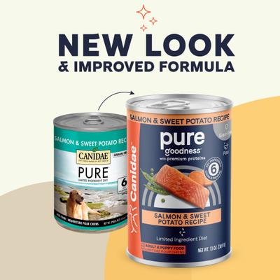 Show full view: CANIDAE PURE All Stages Grain-Free Limited Ingredient Salmon & Sweet Potato Recipe Canned Dog Food, 13-oz can, case of 12 slide 3 of 12