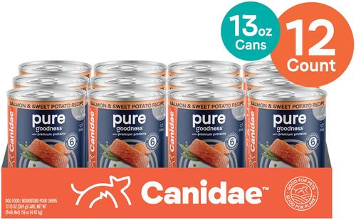 Show full view: CANIDAE PURE All Stages Grain-Free Limited Ingredient Salmon & Sweet Potato Recipe Canned Dog Food, 13-oz can, case of 12 slide 4 of 12