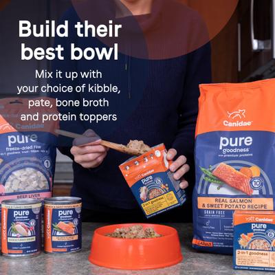 Show full view: CANIDAE PURE All Stages Grain-Free Limited Ingredient Salmon & Sweet Potato Recipe Canned Dog Food, 13-oz can, case of 12 slide 10 of 12