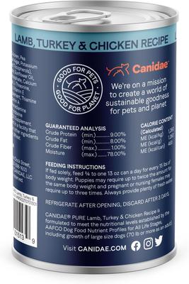 Show full view: CANIDAE Pure Lamb, Turkey & Chicken Recipe Adult Wet Dog Food, 13-oz, case of 12 slide 4 of 11