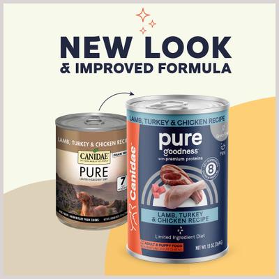 Show full view: CANIDAE PURE Limited Ingredient Duck & Turkey Recipe + Lamb, Turkey & Chicken Recipe Canned Dog Food slide 3 of 9