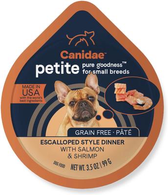 Show full view: CANIDAE PURE Petite All Stages Small Breed Escalloped Style Dinner with Salmon & Shrimp Wet Dog Food Trays, 3.5-oz, case of 12 slide 1 of 8