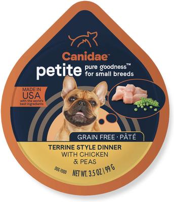 Show full view: CANIDAE PURE Petite All Stages Small Breed Terrine Style Dinner with Chicken & Peas Wet Dog Food Trays, 3.5-oz, case of 12 slide 1 of 9