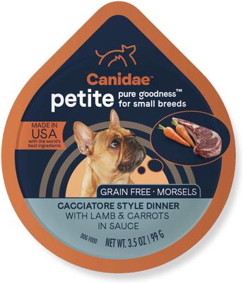 Show full view: CANIDAE PURE Petite Small Breed Cacciatore Style Dinner with Lamb & Carrots + Small Breed Escalloped Style Dinner with Salmon & Shrimp Wet Dog Food Trays slide 2 of 9