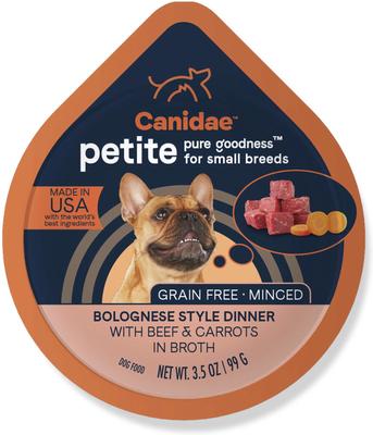 Show full view: CANIDAE PURE Petite Small Breed Pottage Style Dinner with Duck & Pumpkin Breed + Small Breed Bolognese Style Dinner with Beef & Carrots Wet Dog Food Trays slide 6 of 9