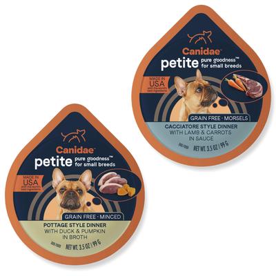 Show full view: CANIDAE PURE Petite Small Breed Pottage Style Dinner with Duck & Pumpkin Breed + Small Breed Cacciatore Style Dinner with Lamb & Carrots Wet Dog Food Trays slide 1 of 9
