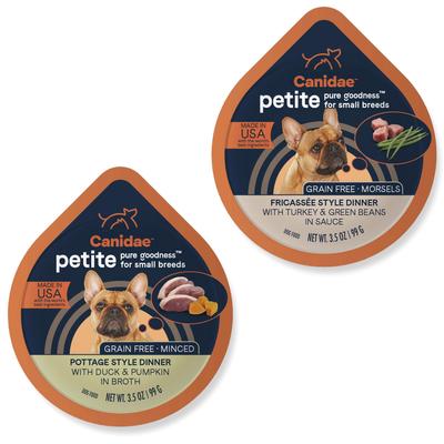 Show full view: CANIDAE PURE Petite Small Breed Pottage Style Dinner with Duck & Pumpkin Breed + Small Breed Fricassee Style Dinner with Turkey & Green Beans Wet Dog Food Trays slide 1 of 9