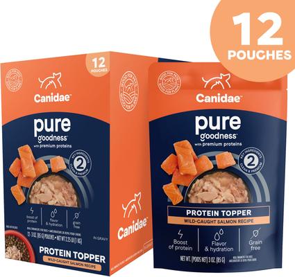 Show full view: CANIDAE Pure Protein Wild-Caught Salmon Recipe in Gravy Grain-Free Wet Dog Food Topper, 3-oz pouch, case of 12 slide 3 of 10