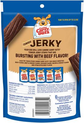 Show full view: Canine Carry Outs Tender Beef Flavor Jerky Dog Treats, 3-oz bag, case of 6 slide 4 of 6