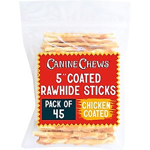 Canine Chews 5-inch Chicken Coated Rawhide Twist Stick Dental Dog Chews, 45 count