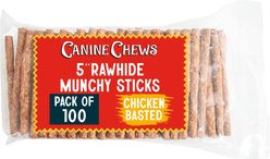 Canine Chews 5-inch Rawhide Munchy Chicken Flavor Dental Dog Chews, 100 count