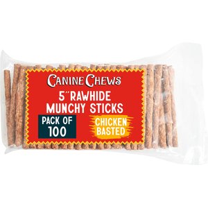 Canine Chews 5-inch Rawhide Munchy Chicken Flavor Dental Dog Chews, 100 count