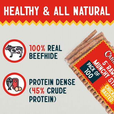 Show full view: Canine Chews 5-inch Rawhide Munchy Chicken Flavor Dental Dog Chews, 100 count slide 5 of 7