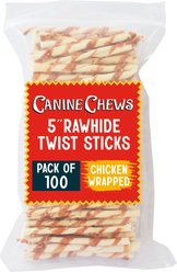 Canine Chews 5-inch Rawhide Twist Chicken Flavor Dental Dog Chews, 100 count