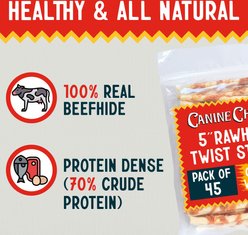 Canine Chews 5-inch Rawhide Twist Chicken Flavor Dental Dog Chews, 45 count slide 2 of 7