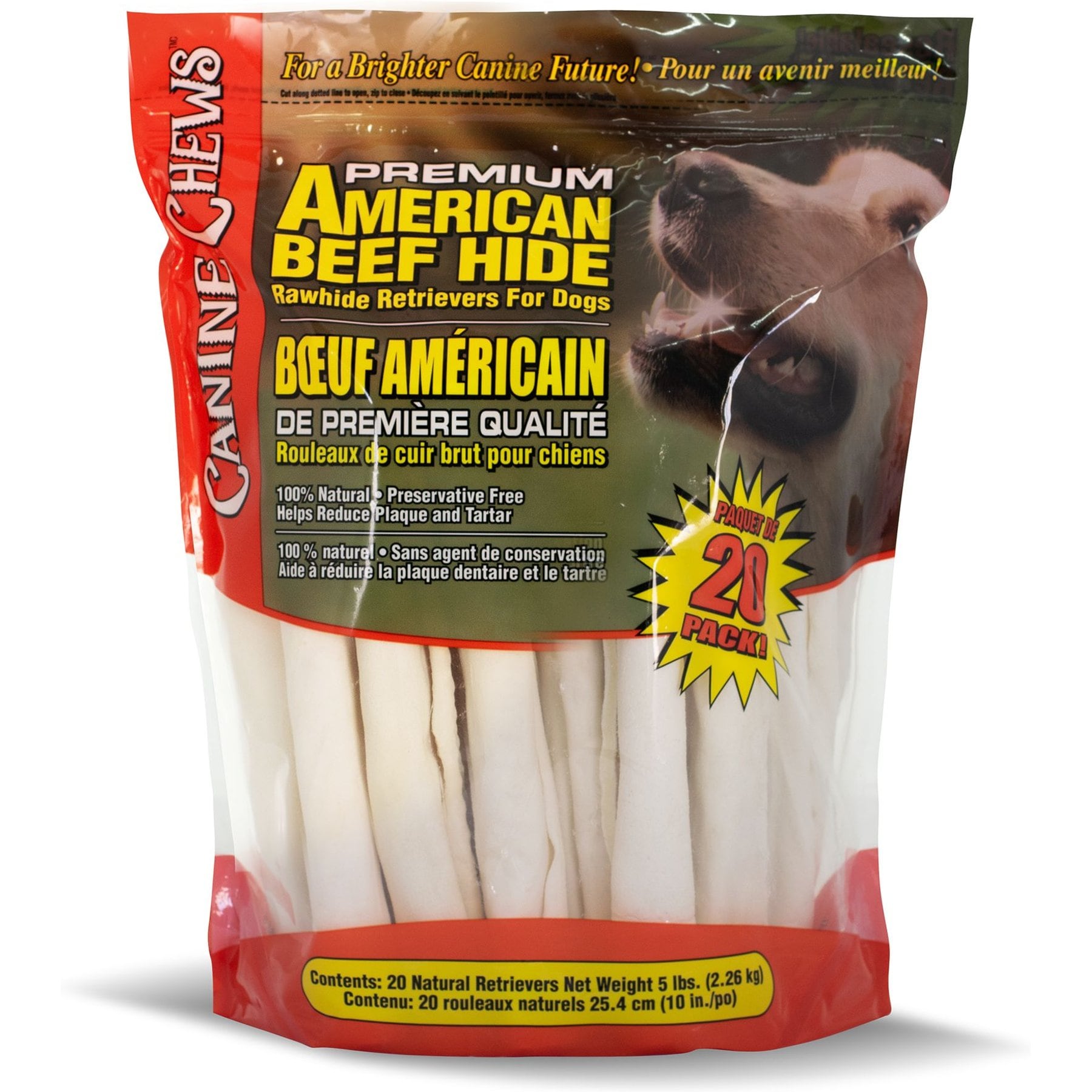 Canine Chews Premium American Beef Hide Rawhide Retrievers Dog Treats, 20 count