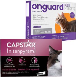 Capstar Flea Oral Treatment, 2-25 lbs + Onguard Plus Flea & Tick Spot Treatment for Cats, over 1.5-lbs, 6 Doses (6-mos supply)