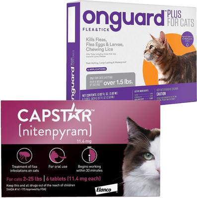 Show full view: Capstar Flea Oral Treatment, 2-25 lbs + Onguard Plus Flea & Tick Spot Treatment for Cats, over 1.5-lbs, 6 Doses (6-mos supply) slide 1 of 9