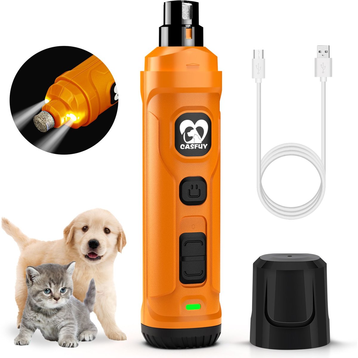 Casfuy 2 LED Light Grooming Dog & Cat Paw Nail Grinder, Orange