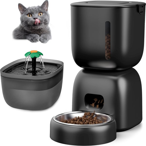 Show full view: Casfuy 2-in-1 Automatic Cat Feeder & Water Fountain Set, Black, 3-L & 2-L slide 1 of 10