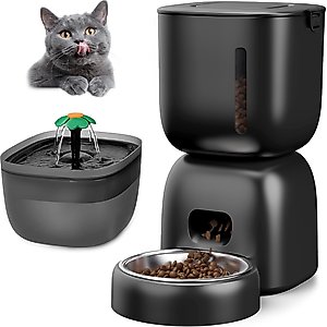 Casfuy 2-in-1 Automatic Cat Feeder & Water Fountain Set, Black, 3-L & 2-L