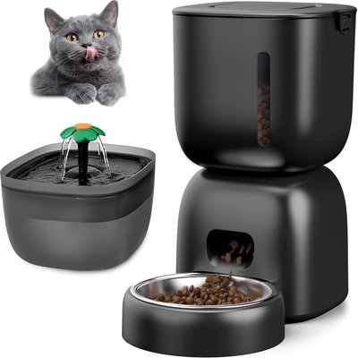 Casfuy Casfuy 2-in-1 Automatic Cat Feeder & Water Fountain Set, Black, 3-L & 2-L