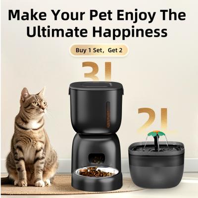 Show full view: Casfuy 2-in-1 Automatic Cat Feeder & Water Fountain Set, Black, 3-L & 2-L slide 3 of 10