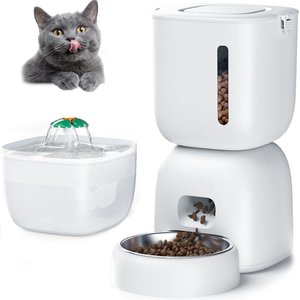Casfuy 2-in-1 Automatic Cat Feeder & Water Fountain Set, White, 3-L & 2-L