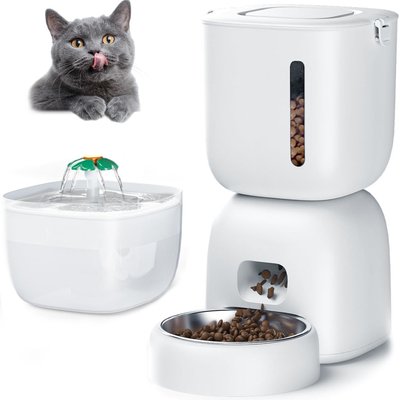 Casfuy Casfuy 2-in-1 Automatic Cat Feeder & Water Fountain Set, White, 3-L & 2-L