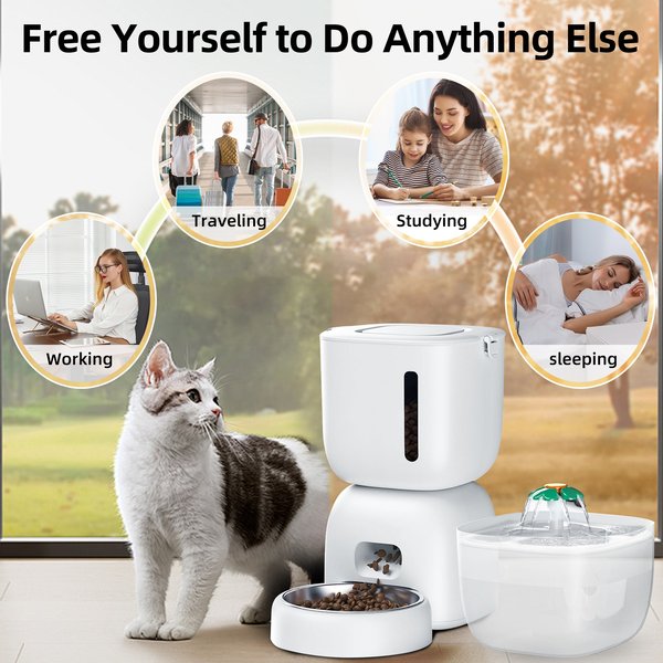 Show full view: Casfuy 2-in-1 Automatic Cat Feeder & Water Fountain Set, White, 3-L & 2-L slide 4 of 9