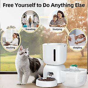 Casfuy 2-in-1 Automatic Cat Feeder & Water Fountain Set, White, 3-L & 2-L
