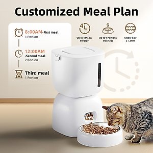 Casfuy 2-in-1 Automatic Cat Feeder & Water Fountain Set, White, 3-L & 2-L
