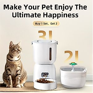 Casfuy 2-in-1 Automatic Cat Feeder & Water Fountain Set, White, 3-L & 2-L