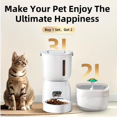 Show full view: Casfuy 2-in-1 Automatic Cat Feeder & Water Fountain Set, White, 3-L & 2-L slide 3 of 9