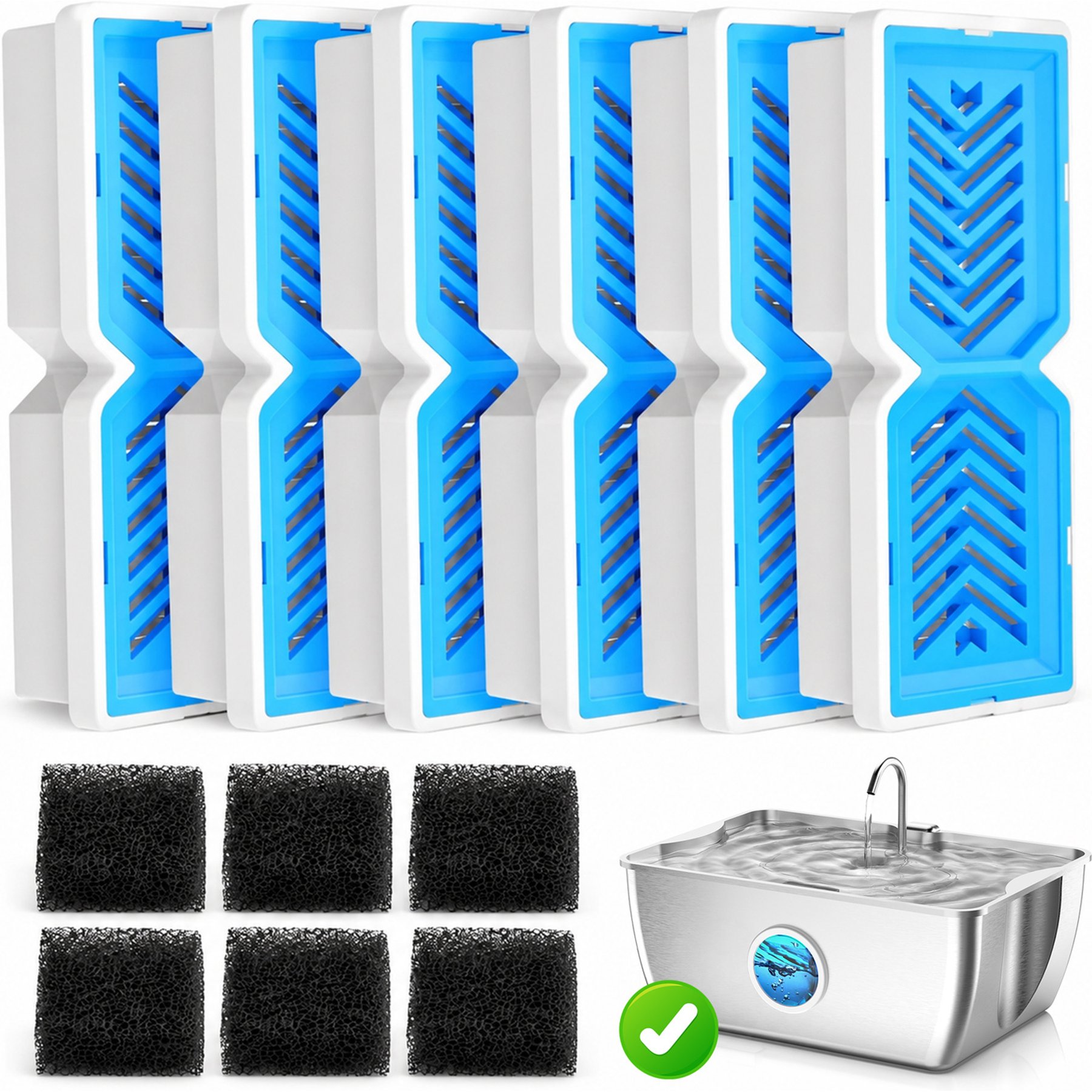 Casfuy PWS-717 Pet Water Fountain Replacement Filters & Pre-Filter Sponges, 6 count