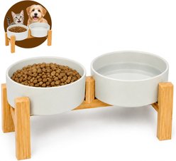 Casfuy Elevated Double Ceramic Dog Bowl with Bamboo Stand, 1.7-cup