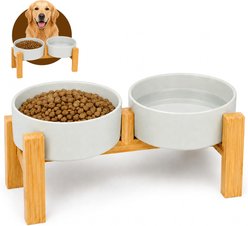 Casfuy Elevated Double Ceramic Dog Bowl with Bamboo Stand, 3.6-cup