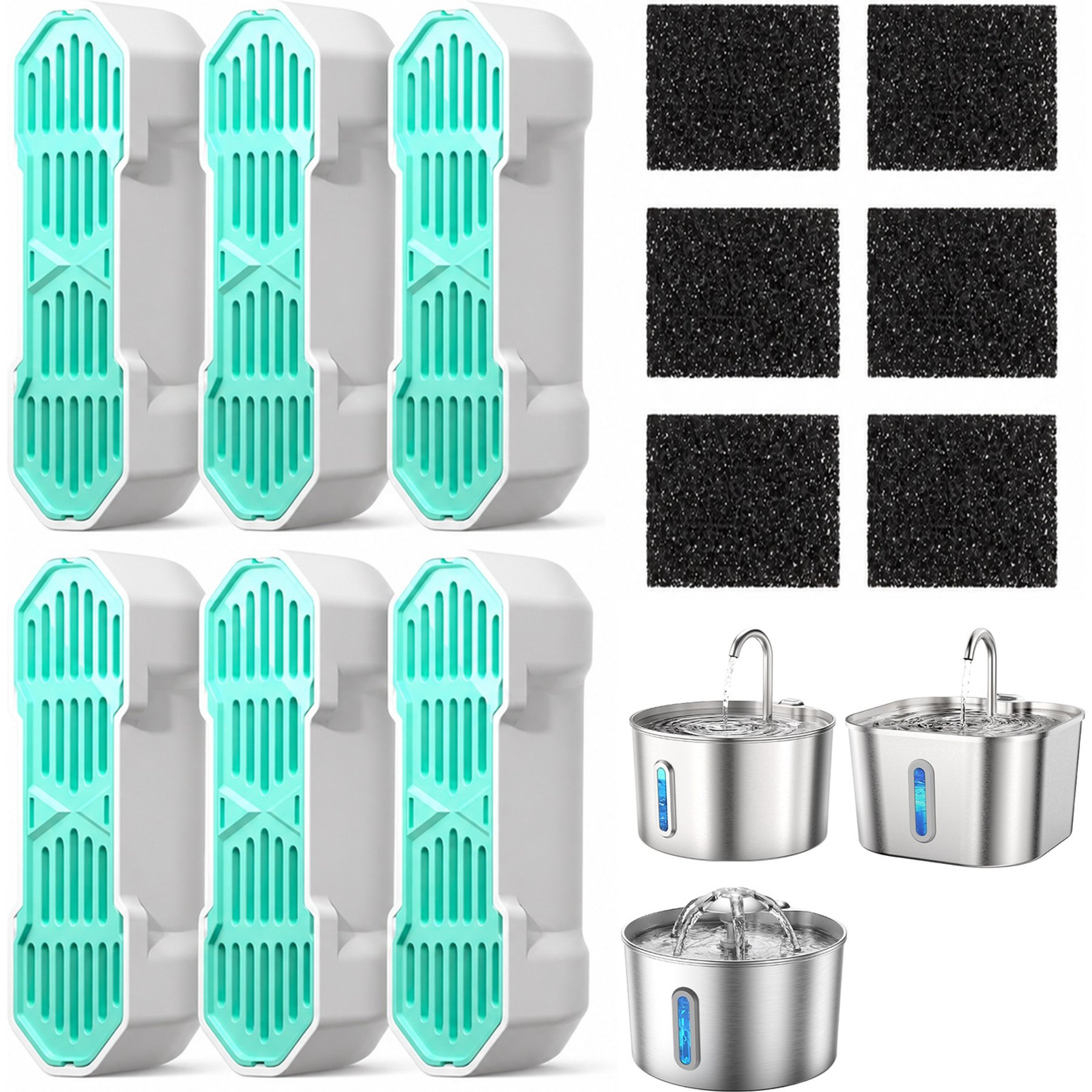 Casfuy PWS-135, 148 & 166 Pet Water Fountain Replacement Filters & Sponges, 6 count
