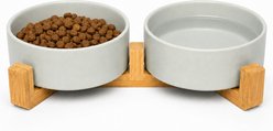 Casfuy Elevated Double Ceramic Dog Food & Water Bowl with Bamboo Stand, 1.7-cup