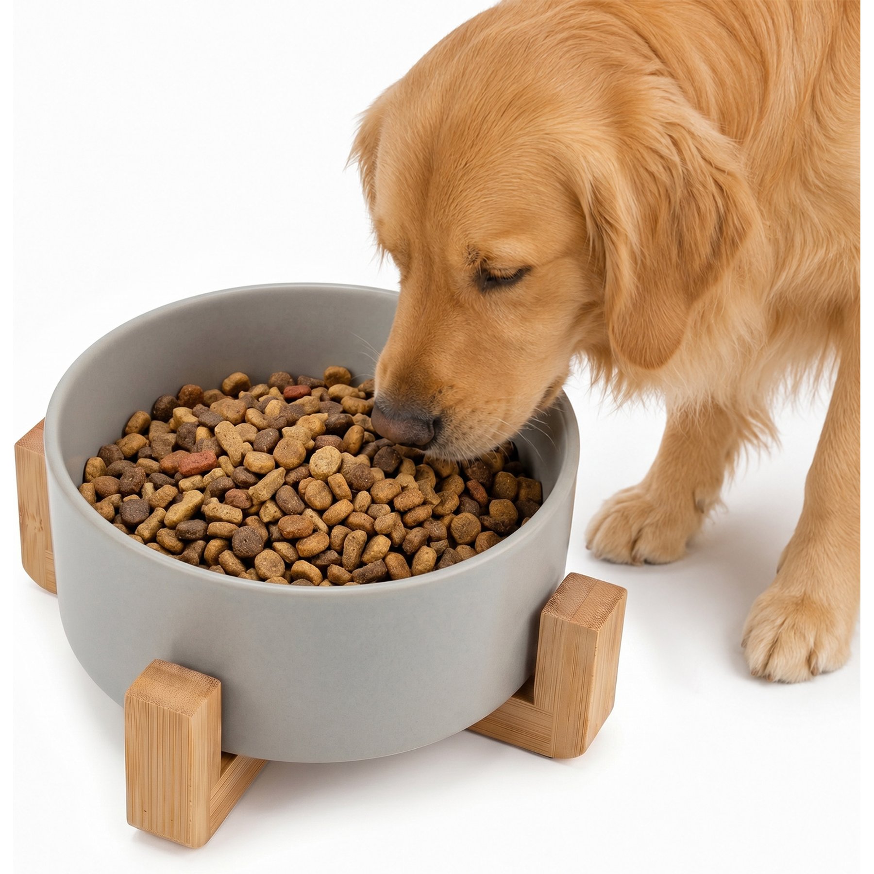 Casfuy Non-Skid Elevated Ceramic Dog Bowl with Bamboo Stand, 7.6-cup