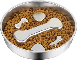 Casfuy Non-Slip Base Bone Pattern Stainless Steel Dog Slow Feeder Bowl, 2-cup