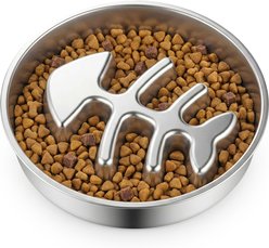 Casfuy Non-Slip Base Fish Bone Pattern Stainless Steel Dog Slow Feeder Bowl, 2-cup