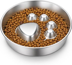 Casfuy Non-Slip Base Four-Ridge Design Stainless Steel Dog Slow Feeder Bowl, 2-cup