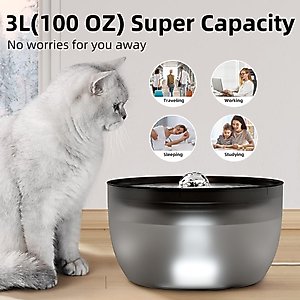 Casfuy Quiet Stainless Steel Dog & Cat Water Fountain with LED Light, Black, 102-oz