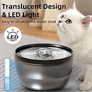 Casfuy Quiet Stainless Steel Dog & Cat Water Fountain with LED Light, Black, 102-oz