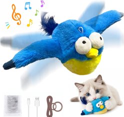 Casfuy Touch Activated Interactive Chirping Flapping Bird Cat Toy with Catnip & Hangable Design, Blue