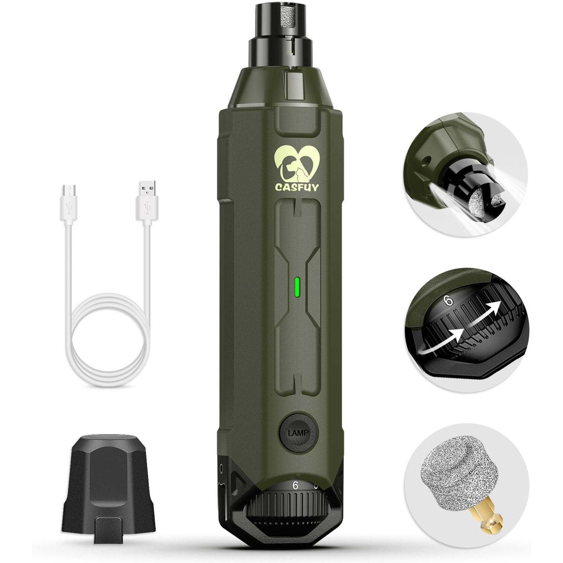 Casfuy Upgraded Quiet 6 Speed Electric Dog & Cat Nail Grinder with 2 LED Lights, Army Green